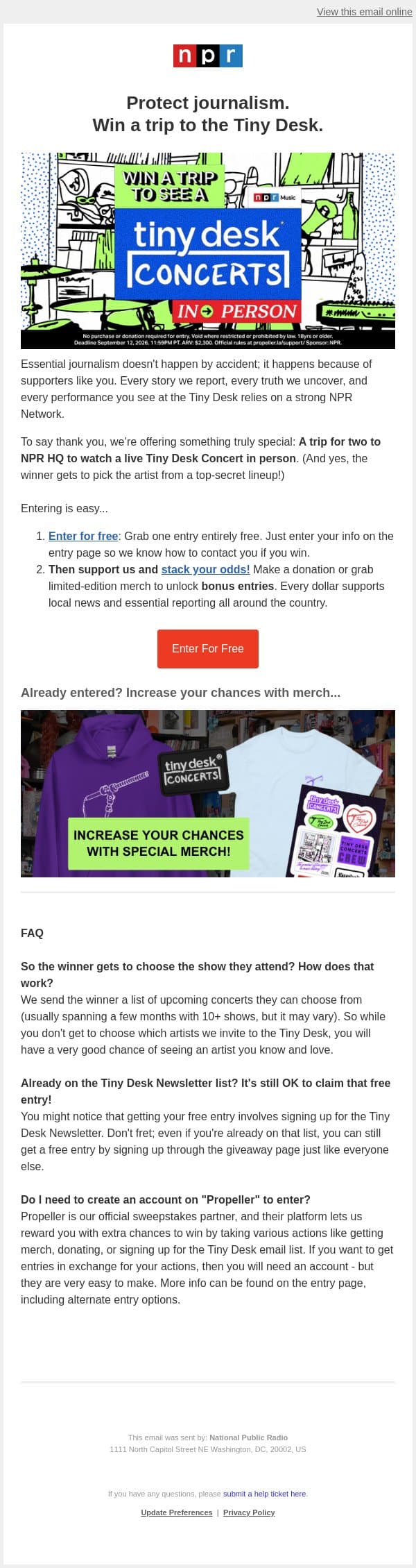 Protect journalism. Win a trip to The Tiny Desk. email from NPR screenshot