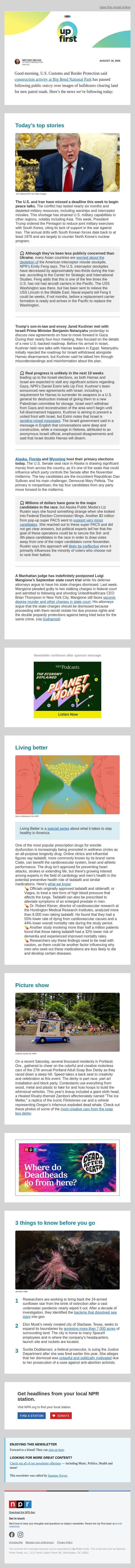 U.S. and Iran miss peace talks deadline. And, Alaska, Florida and Wyoming hold primaries email from NPR screenshot