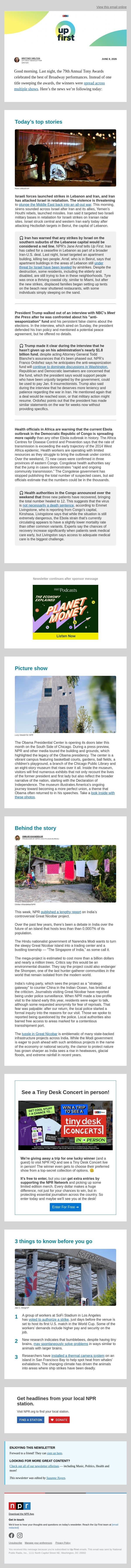 The Ebola outbreak is spreading at an unprecedented pace, officials say. And, Israel and Iran exchange missile fire, threatening the Middle East truce email from NPR screenshot