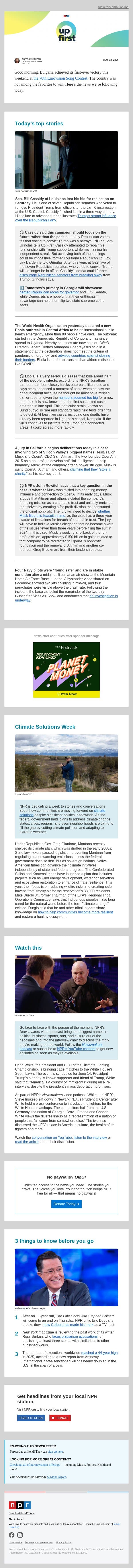 Louisiana senator who voted to convict Trump loses primary. And, WHO declares Ebola outbreak in Congo a global health emergency email from NPR screenshot