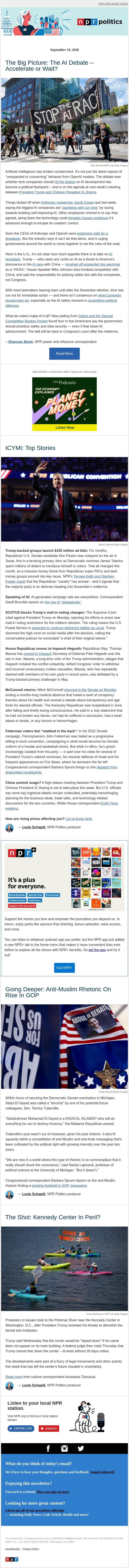 The AI debate: accelerate or wait? email from NPR screenshot