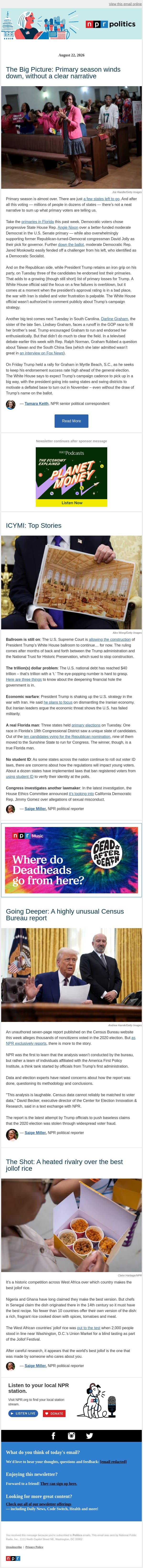 Primary season winding down with unclear narrative email from NPR screenshot