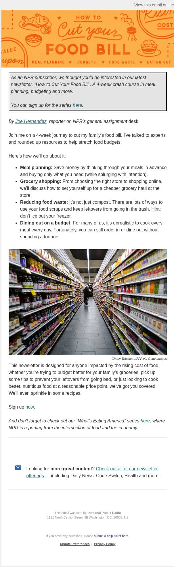 New from NPR: "How to Cut Your Food Bill" email from NPR screenshot
