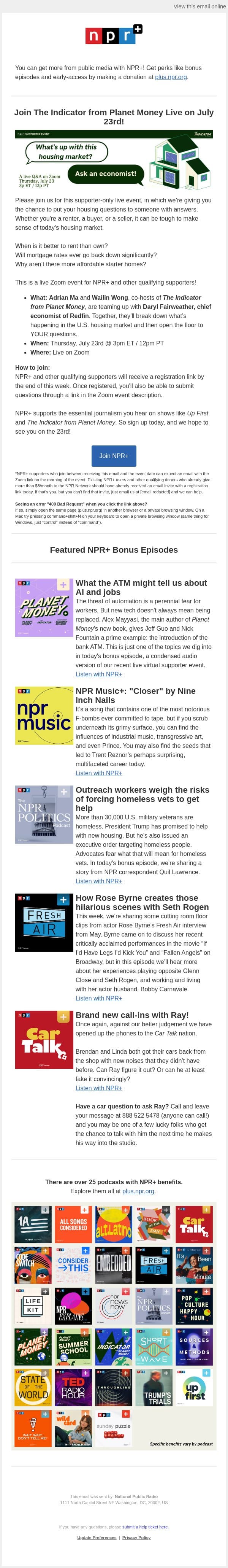 Join The Indicator LIVE with NPR+ (+ NEW Car Talk calls) email from NPR screenshot