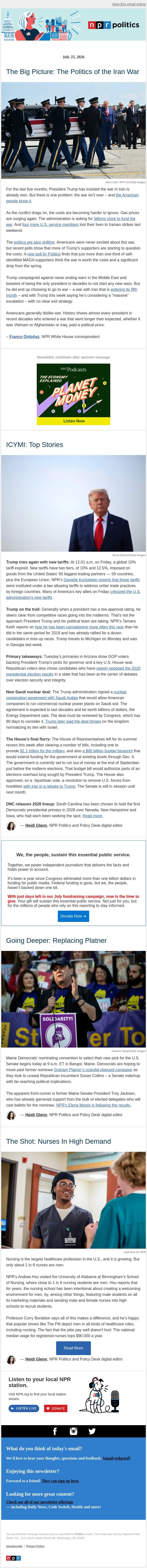 The politics of the Iran war email from NPR screenshot