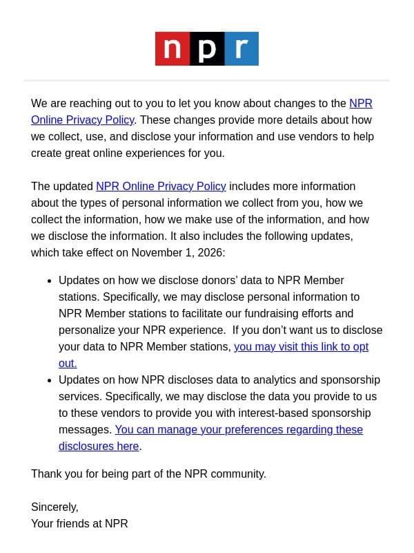 Updates to Our Online Privacy Policy email from NPR