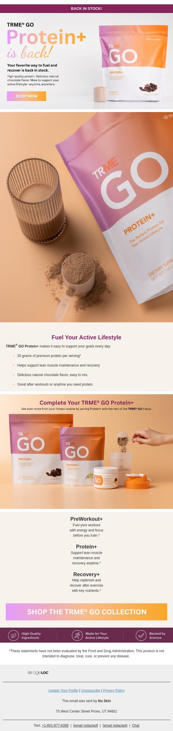 Your Favorite Protein Is Back in Stock email from Nu Skin screenshot
