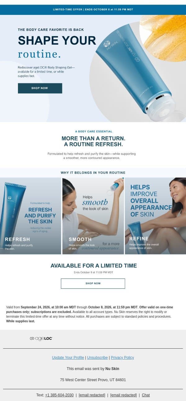 Limited-Time Offer: ageLOC® Body Shaping Gel email from Nu Skin screenshot