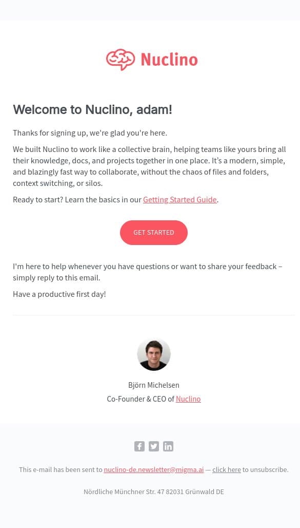 Welcome to Nuclino, adam! email from Nuclino screenshot
