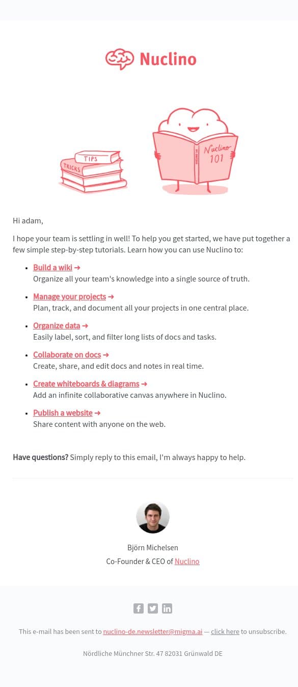 Need help with Nuclino? email from Nuclino screenshot