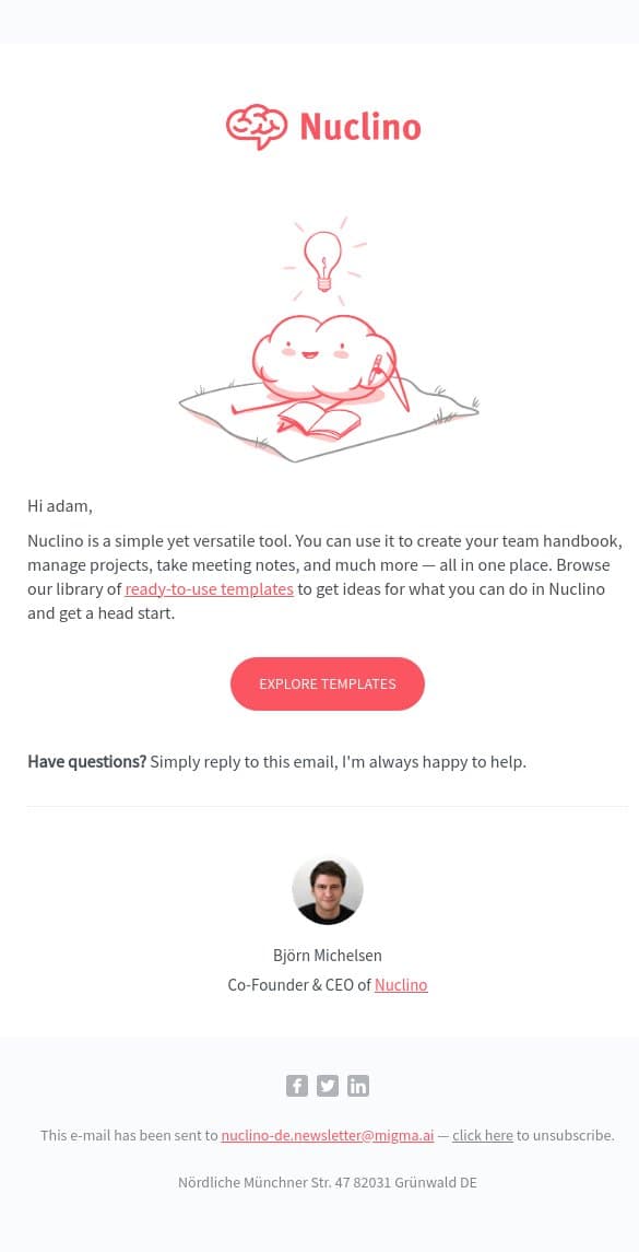 Start with a template email from Nuclino screenshot
