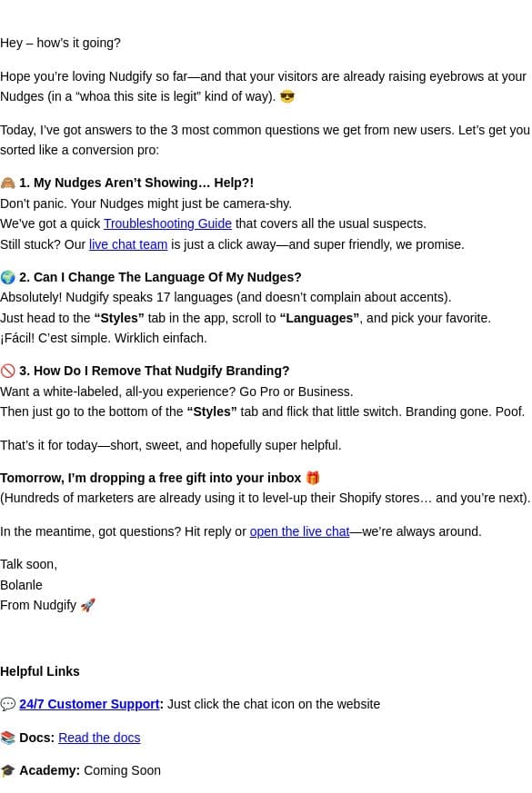 Top 3 setup issues (and how to squash them like a pro) email from Nudgify screenshot