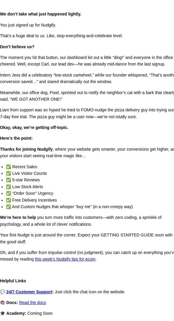 Welcome To The Cult email from Nudgify screenshot