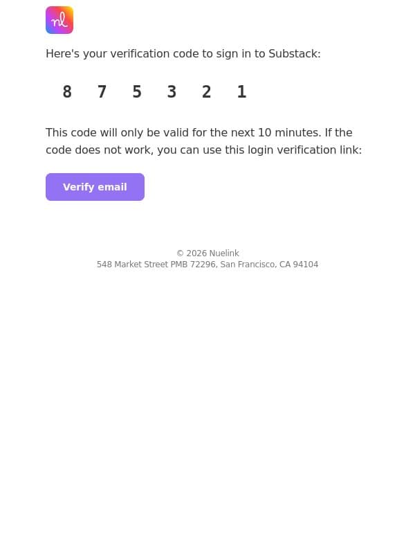 875321 is your Substack verification code email from Nuelink screenshot