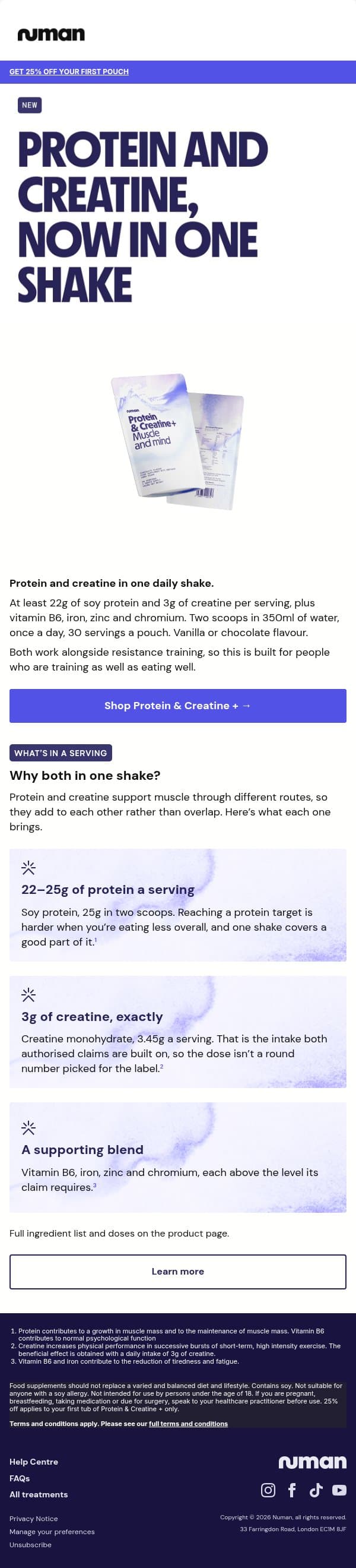 One shake. Protein + creatine. 25% off. email from Numan screenshot
