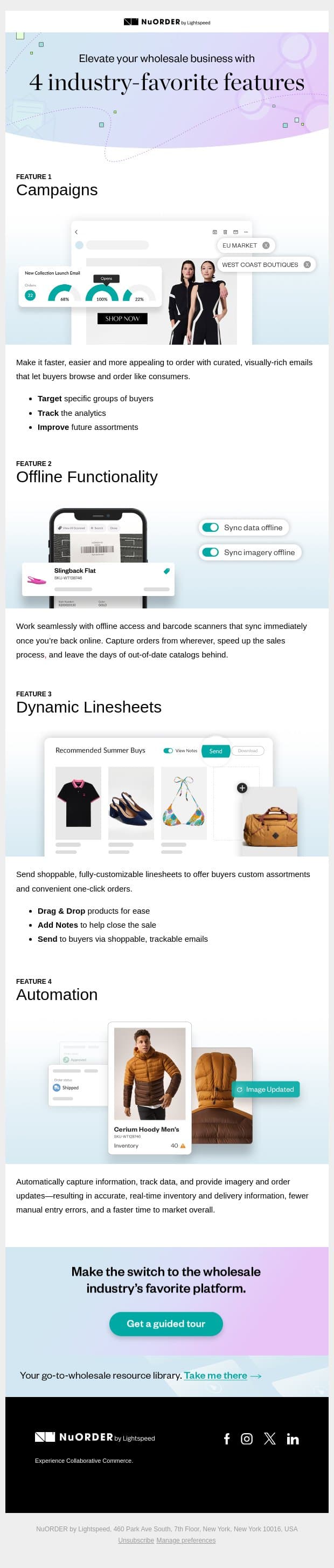 Meet the top 4 industry-favourite features for wholesale success email from NuORDER screenshot