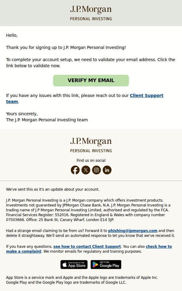 Please verify your email for J.P.Morgan Personal Investing email from Nutmeg screenshot