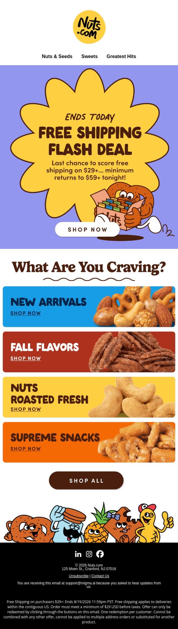 Free shipping on $29+ ends today! 📦🏃‍♂️ email from Nuts.com screenshot