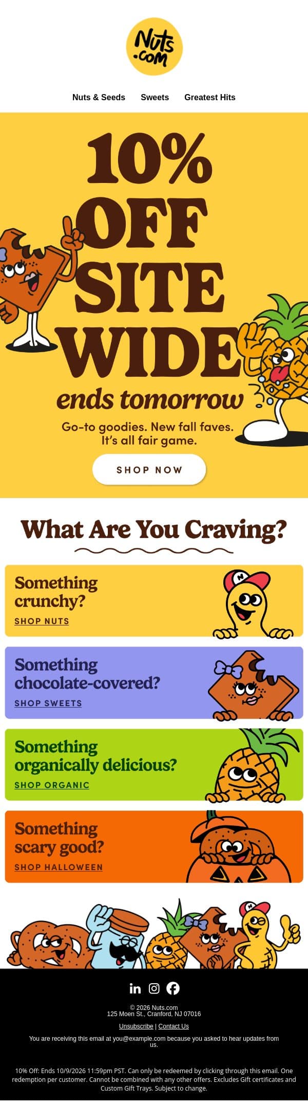 10% off sitewide ends tomorrow! 🥭🥜🍫 email from Nuts.com screenshot