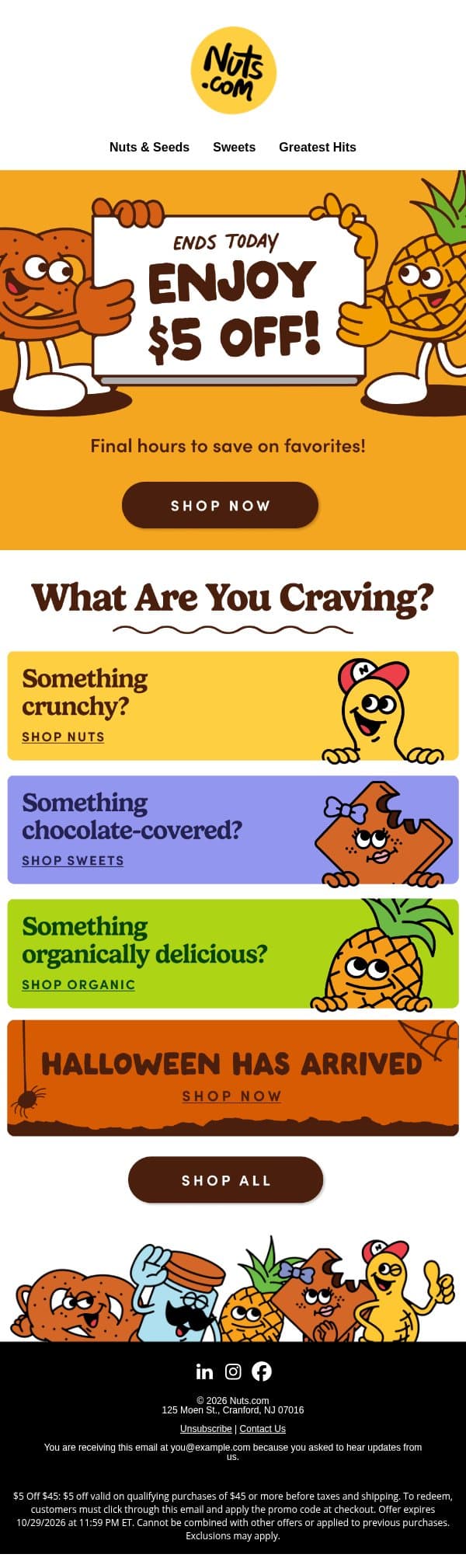 Last call for $5 off your snack haul! email from Nuts.com screenshot