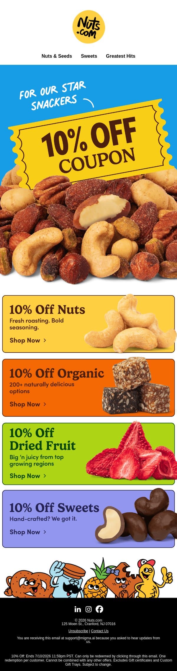 Enjoy 10% off (‘cause we’re nuts about ya) email from Nuts.com screenshot