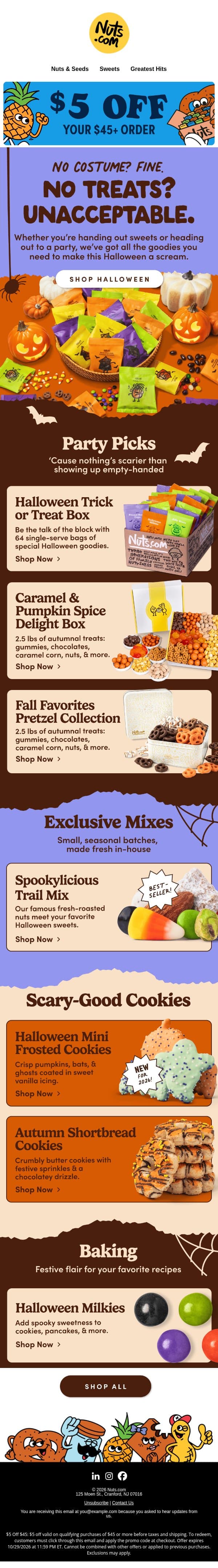 $5 off $45 sitewide — final call for spooky treats! email from Nuts.com screenshot