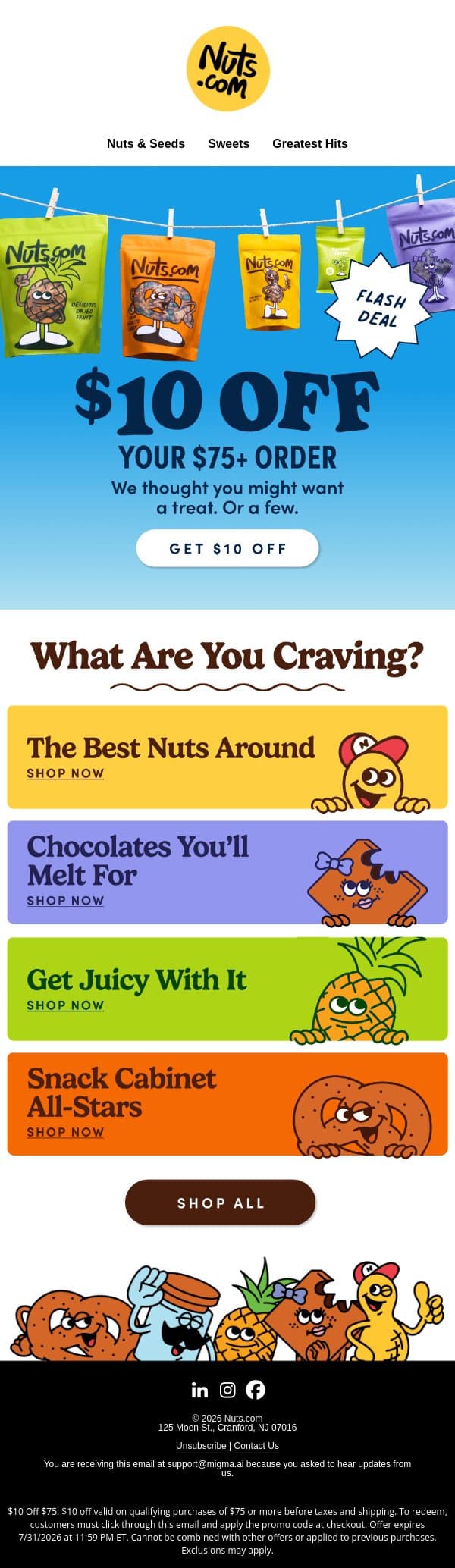 Flash Deal ⚡️ $10 off your $75+ order! email from Nuts.com screenshot
