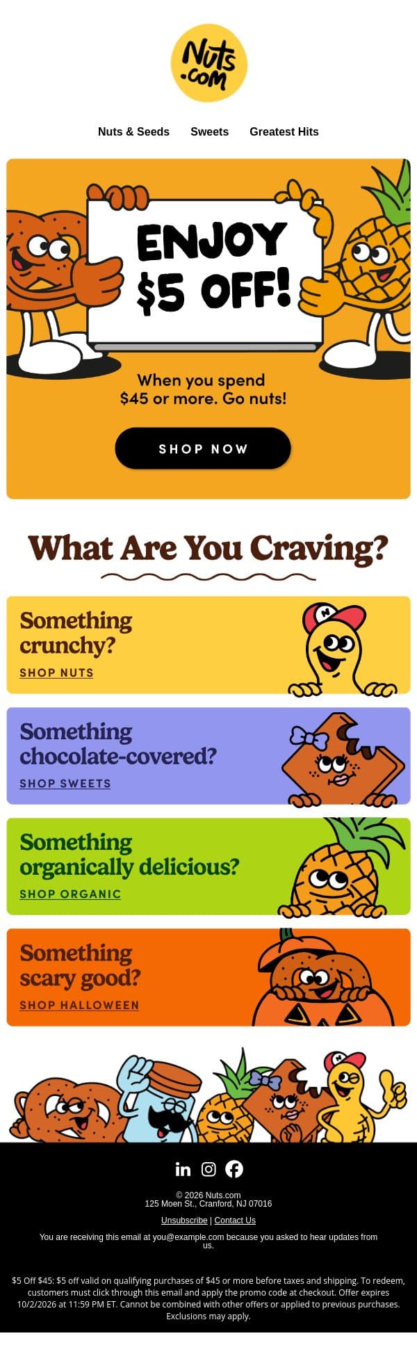 Flash Deal: $5 off when you spend $45! email from Nuts.com screenshot