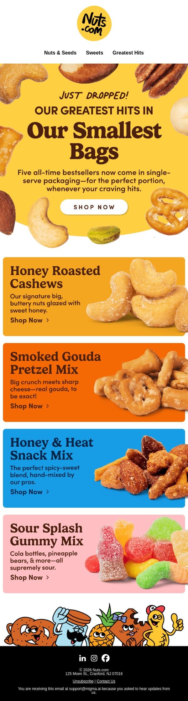 Your favorite snack, now in single packs 😍 email from Nuts.com screenshot
