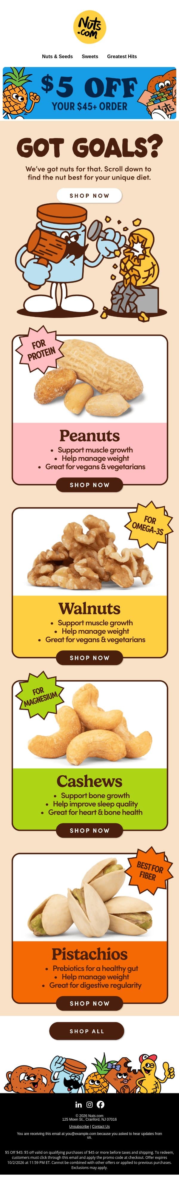 Your Health Goals + $5 Off = A Good Match email from Nuts.com screenshot