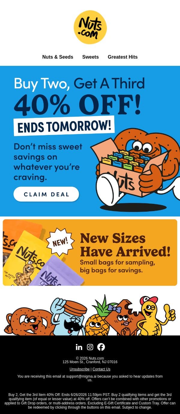 Ends Soon ⚡ Buy 2, Get a Third 40% Off email from Nuts.com screenshot