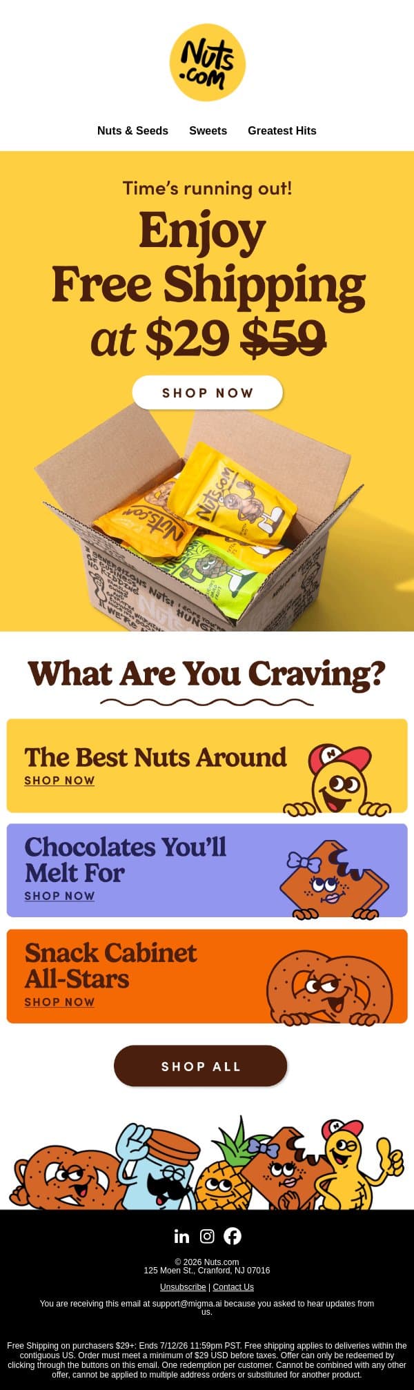 Free Ship $29 Ends Tomorrow! email from Nuts.com screenshot