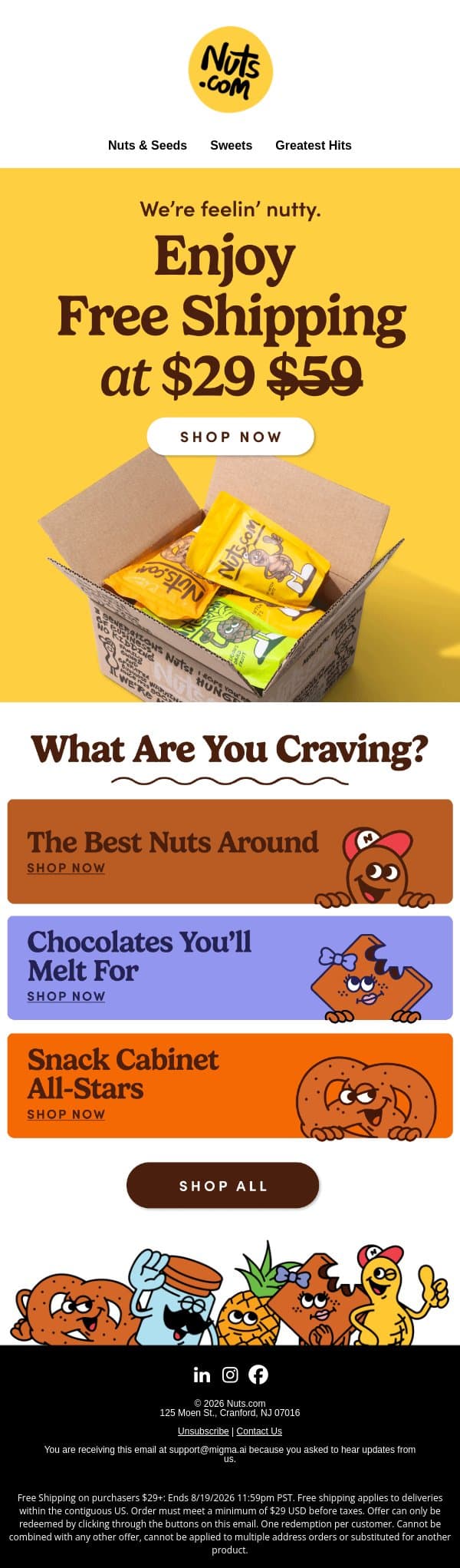 🚚 It’s official: Free shipping on $29+ starts TODAY! email from Nuts.com screenshot
