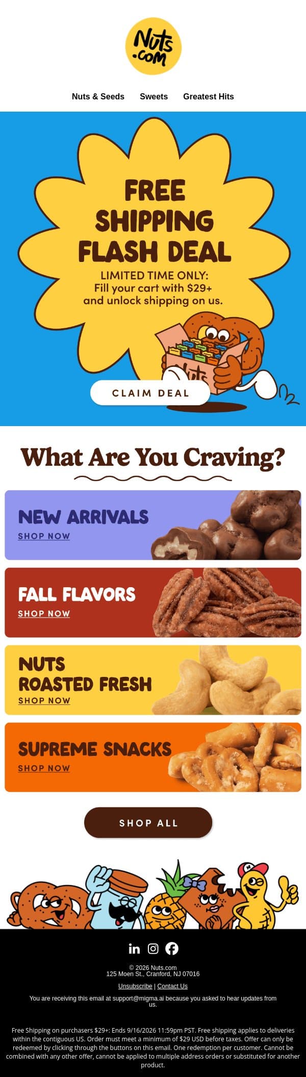 Want free shipping? Good news… 🚚 email from Nuts.com screenshot