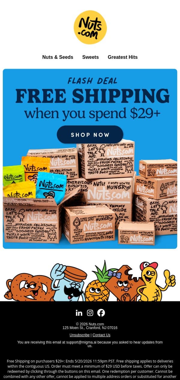 Free shipping on $29+. Go ahead. email from Nuts.com screenshot