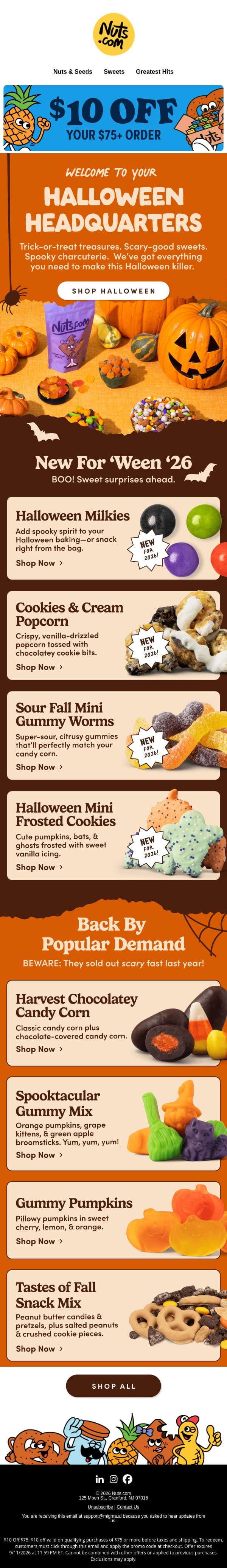 BOO! $10 Off + Halloween sweets just dropped 🎃🍬 email from Nuts.com screenshot