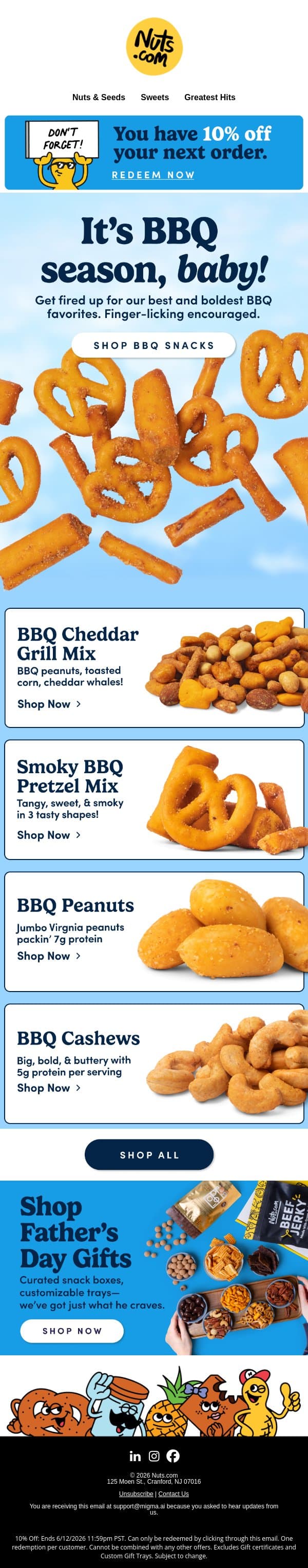 BBQ snacks inside. Along with 10% off. 😋 email from Nuts.com screenshot