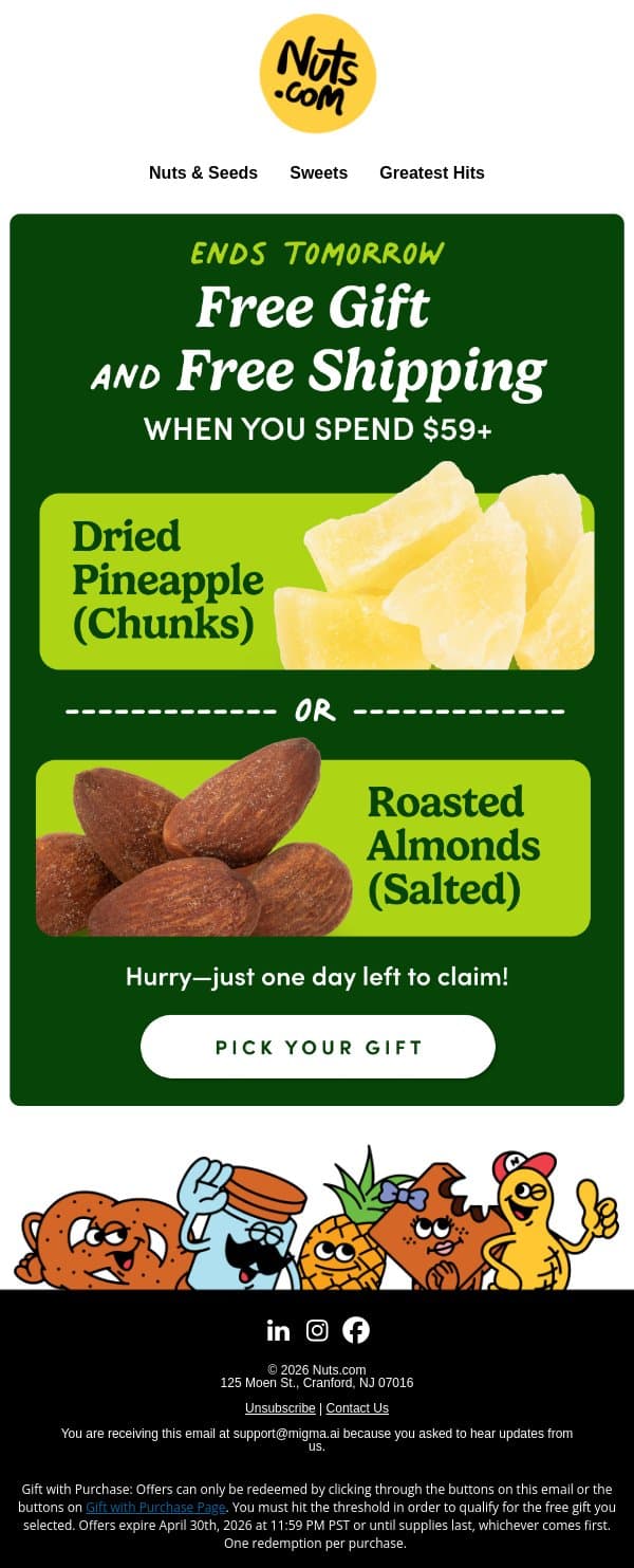 Your free gift disappears tomorrow email from Nuts.com screenshot