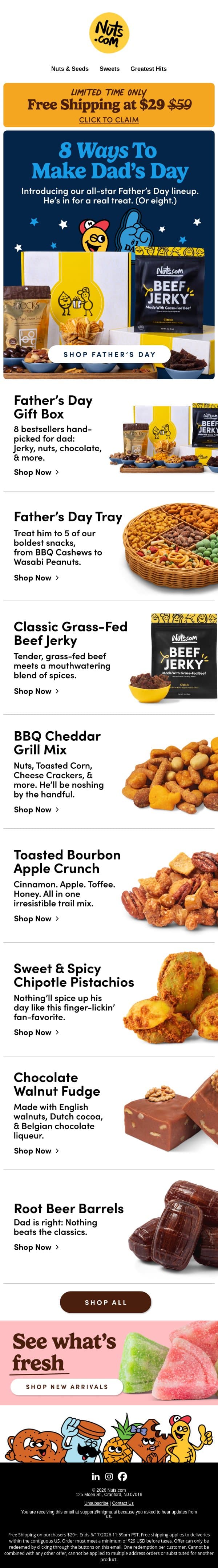 Free Shipping on $29 + Gifts Dad Will Love 🏆 email from Nuts.com screenshot