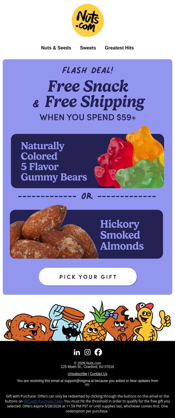 FREE snack + FREE shipping, just for you! email from Nuts.com screenshot