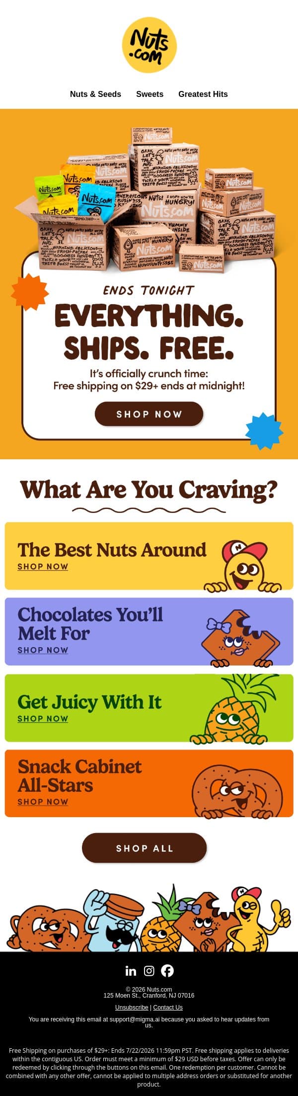 Free shipping on $29+ ends TONIGHT 📦 email from Nuts.com screenshot