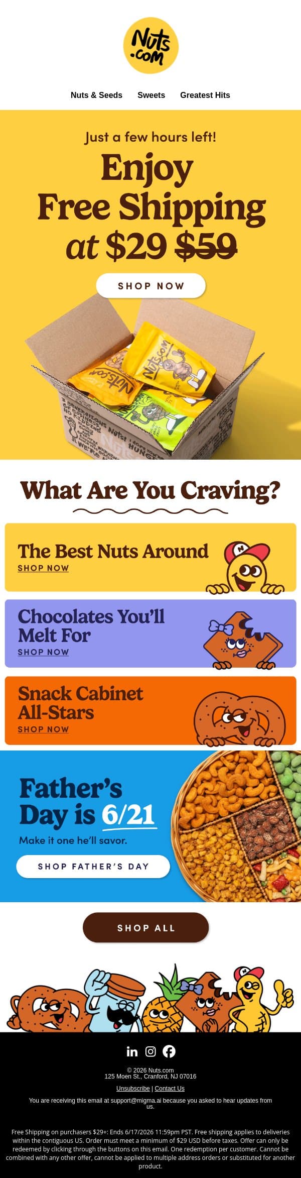 Final hours for FREE shipping at $29! 🥜 email from Nuts.com screenshot