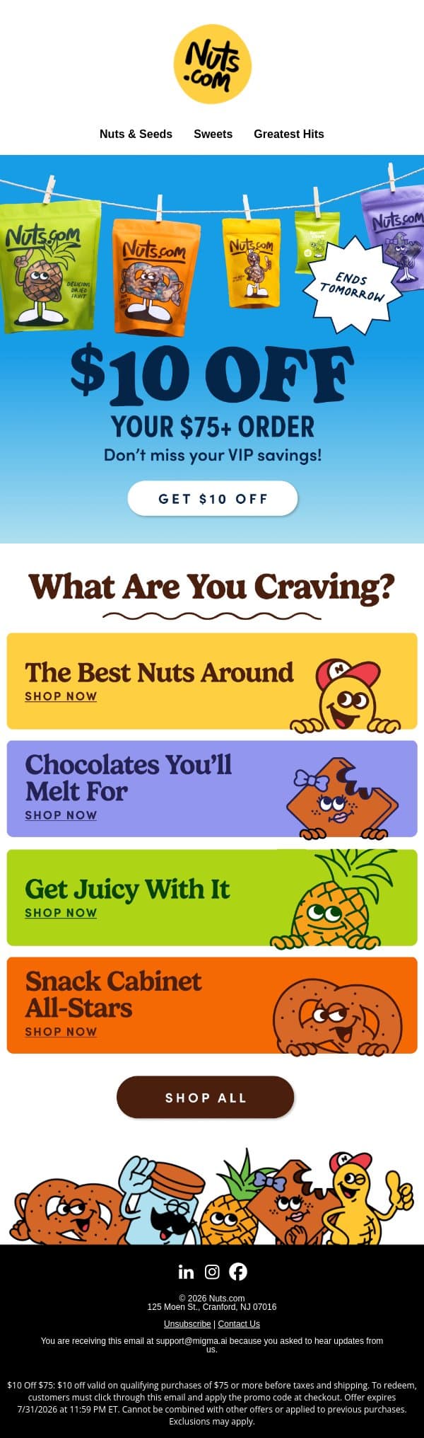 $10 off your snack haul—ends tomorrow! email from Nuts.com screenshot
