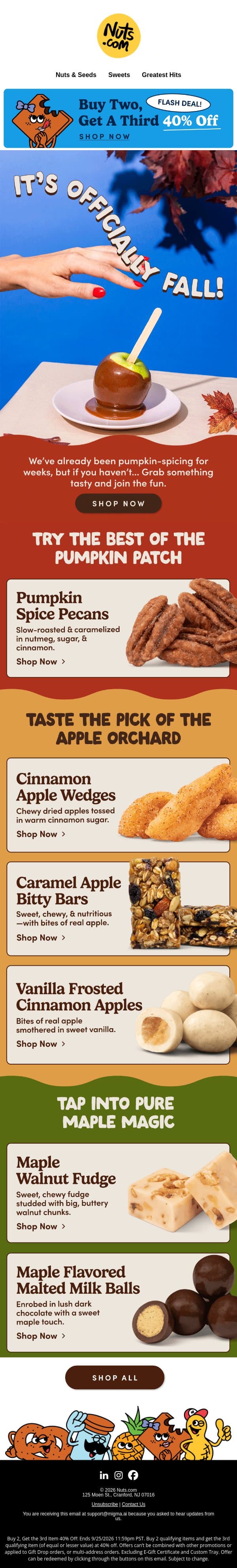 Savor the first day of fall with 40% off email from Nuts.com screenshot