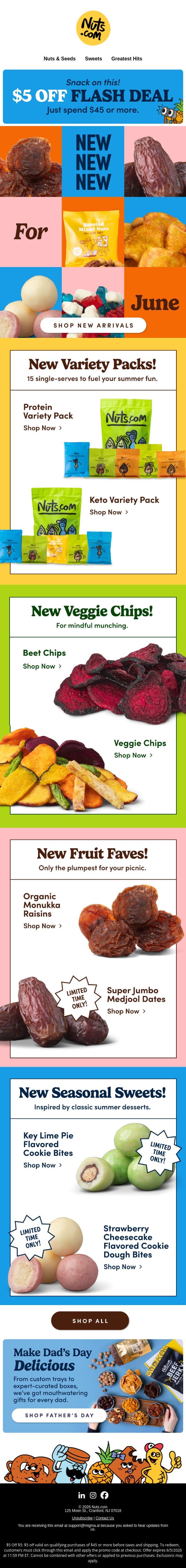 New summer snacks are here (plus $5 off!) email from Nuts.com screenshot