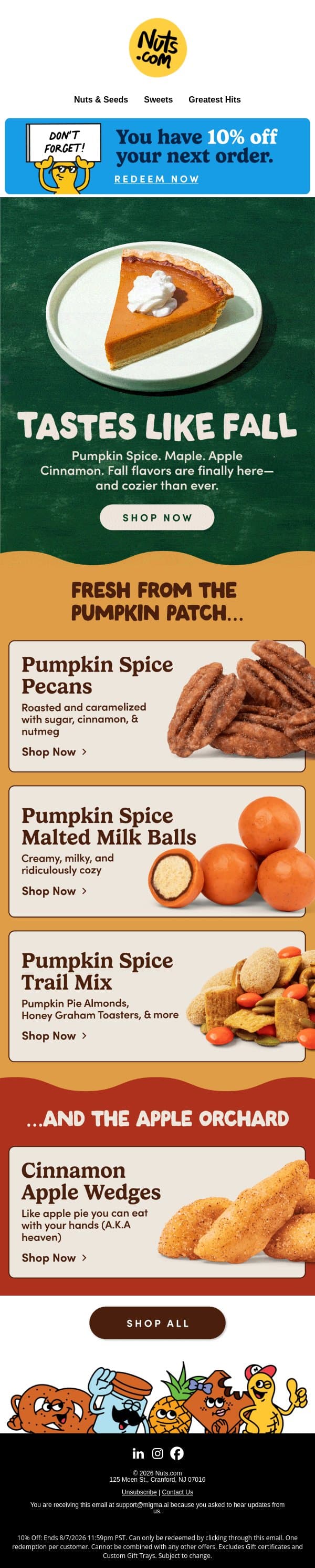 🍁 Fall Flavors Are Here + Save 10% Sitewide! email from Nuts.com screenshot