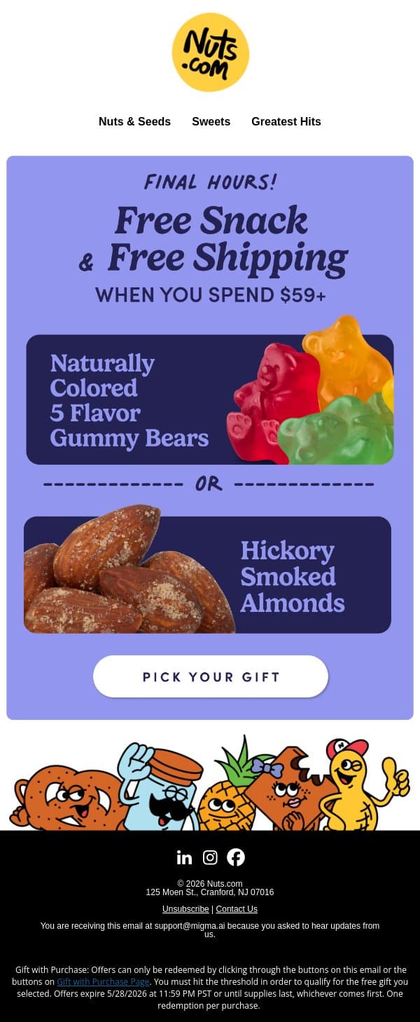 You can still get FREE gummy bears! 🧸 email from Nuts.com screenshot