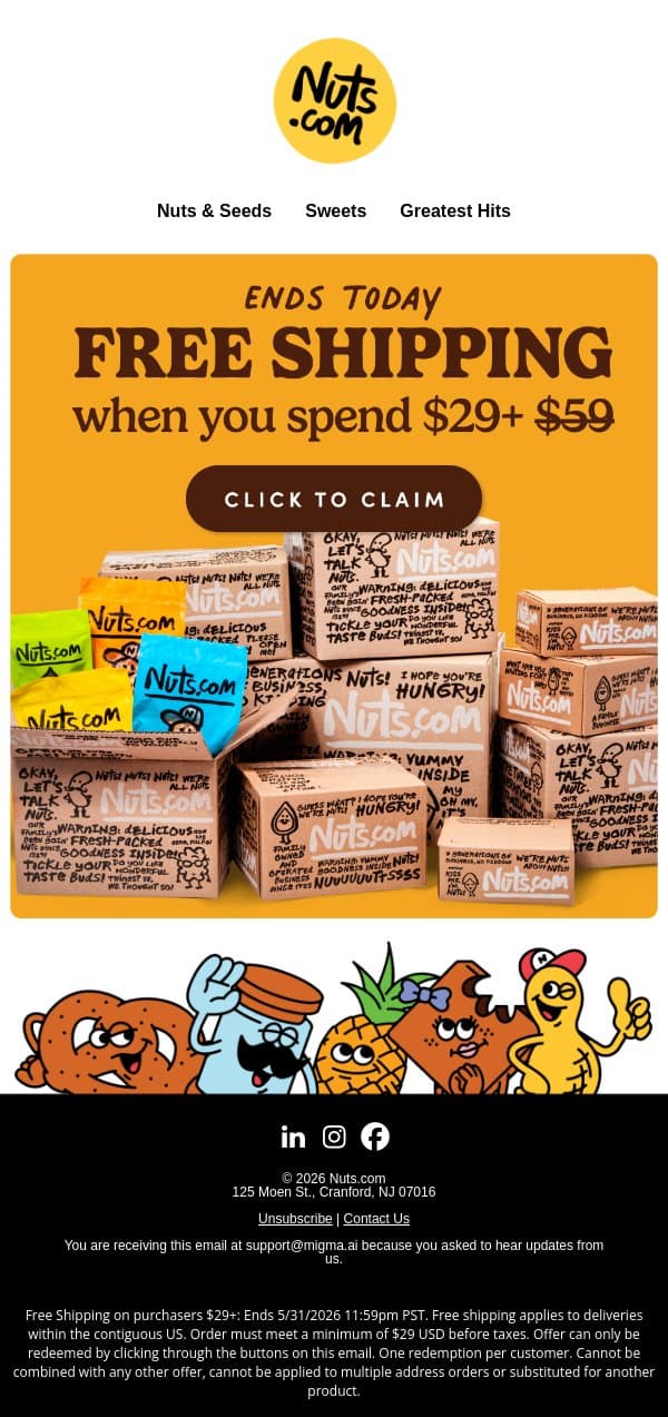 Last call—Free Shipping wraps at midnight! email from Nuts.com screenshot