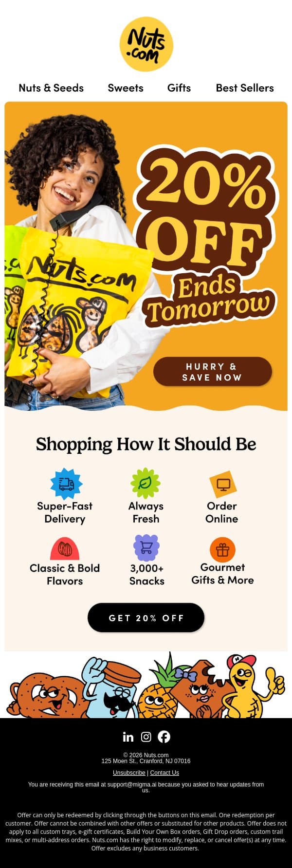 20% off ends tomorrow email from Nuts.com screenshot
