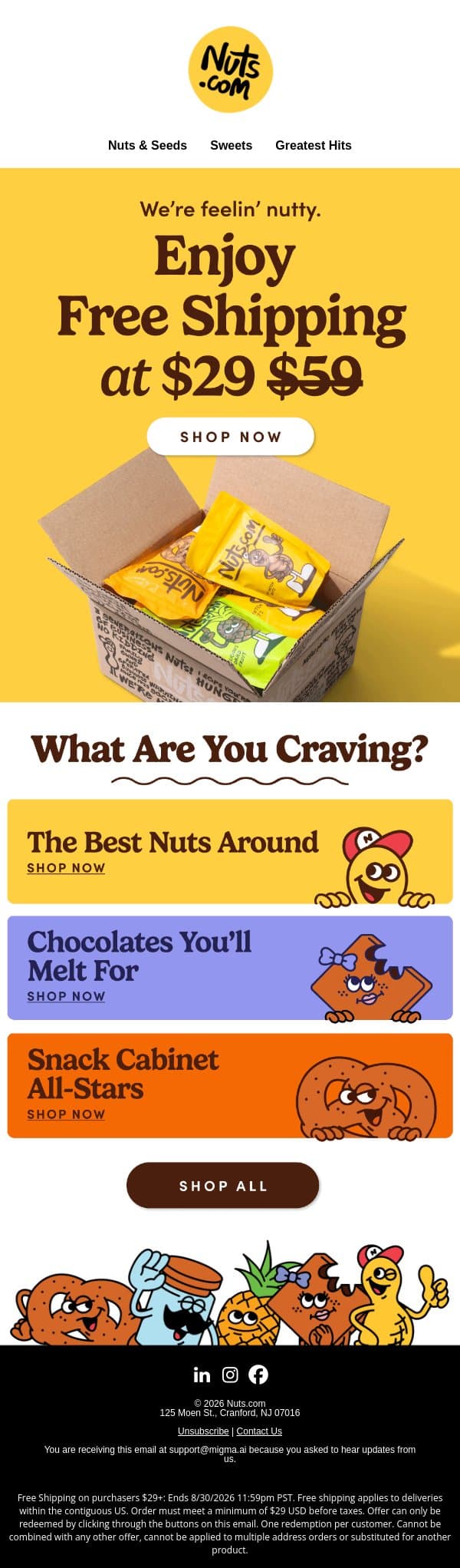 Free shipping on $29+ starts TODAY! email from Nuts.com screenshot
